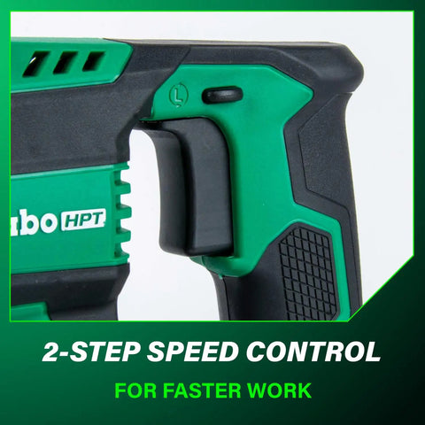 Close-up of green handle and speed control on a 36V Cordless SDS Plus Rotary Hammer D Handle Tool Body Only With Brushless Motor.