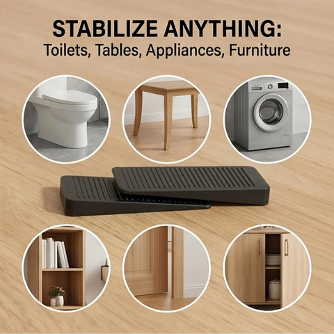 Trimmable Rubber Shims For Wobbly Furniture resting on a wooden floor, suitable for stabilizing tables, toilets, and appliances.