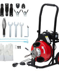 Heavy Hitter Auto Feed Drain Cleaner Machine With 100 Ft Manganese Steel Sewer Snake Auger, accessories and steel auger visible.