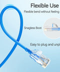 Slim Blue Cat6 Patch Cables 0.5 Feet 10 Pack High Speed Cat6a Cables showing flexibility, snagless boot design, and easy plug feature