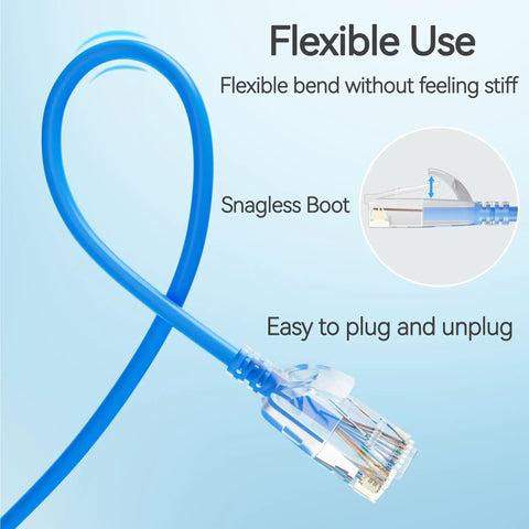 Slim Cat6 Patch Cables Pack 3 Ft 10 Pack Blue, 10Gbps 550MHz Cat6a High Speed Ethernet Cable showing flexible bend and plug