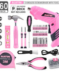 Pink Tool Set For Women 136 Piece Home DIY Kit With 3.6V USB Electric Screwdriver Cordless Drill Driver included tools displayed