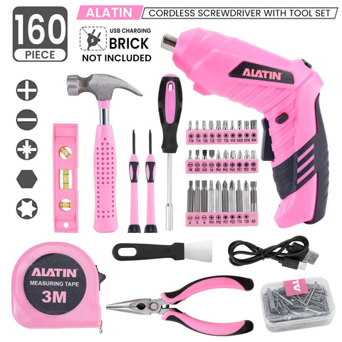 Pink Tool Set For Women 136 Piece Home DIY Kit With 3.6V USB Electric Screwdriver Cordless Drill Driver included tools displayed