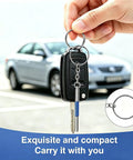 Hand holding No Sweat 3 In 1 Eyeglass Repair Kit Keychain Screwdriver with blue accents, near a car background.
