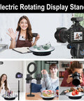 Electric Motorized Rotating Display Stand With Remote Control, 360 Degree Turntable For Photography Products Jewelry And Collectibles, 7.8 Inch Platform shown with tea set and camera setup.