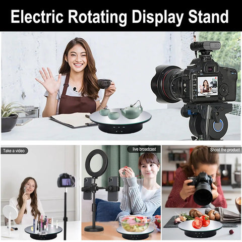 Electric Motorized Rotating Display Stand With Remote Control, 360 Degree Turntable For Photography Products Jewelry And Collectibles, 7.8 Inch Platform shown with tea set and camera setup.