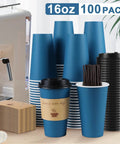 100 Pack 16 Oz Disposable To Go Coffee Cups With Lids, Sleeves And Stir Sticks For Grab And Go Hot Or Cold Drinks, Leakproof And Spill Resistant Paper Cups For Office Home Shop Events Navy displayed with coffee machine.
