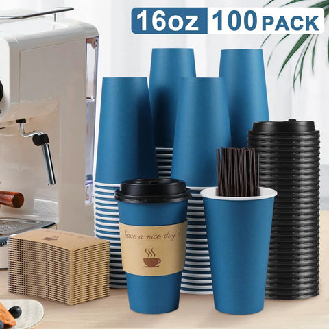 100 Pack 16 Oz Disposable To Go Coffee Cups With Lids, Sleeves And Stir Sticks For Grab And Go Hot Or Cold Drinks, Leakproof And Spill Resistant Paper Cups For Office Home Shop Events Navy displayed with coffee machine.