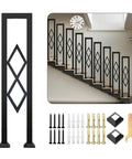 Level Up Your Staircase Setup With This Solid Black Wrought Iron U Shaped Handrail Offering A Clean Diamond Pattern Built Tough For Patio Deck Safety With A Dependable Non Slip Grip And No Sweat Install, showcasing parts and design.