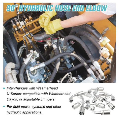 Image of 10 Pack Half Inch Hydraulic Hose Fittings 90 Degree JIC 37 Degree Female End Elbow Crimp Fittings for Half Inch ID Hose Durable Carbon Steel Construction Compatible With Weatherhead U Series And Dayco Crimpers, shown connected in a fluid power system.