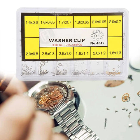 Watch Push Button Washer Set With 12 Sizes Metal Watch Repair Tool Kit organized in a plastic storage box for DIY and professional use