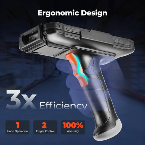 Side view of Android 14 Barcode Scanner With Beast 6 Inch Screen 16 Hour Battery Life 1D 2D QR Code Scanning SE4710 Zebra Scanning Engine Android 18 Upgrade Path Unrestricted App Install Great For Noisy Warehouses, showcasing ergonomic handle.
