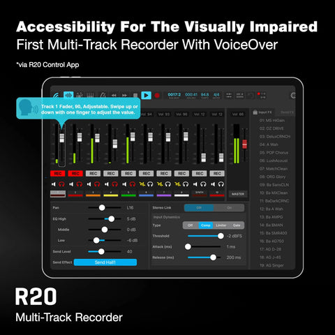 R20 Multi-Track Tabletop Recorder With Touchscreen, 16 Tracks Up To 8 Simultaneous, 6 XLR Inputs shown with control app interface