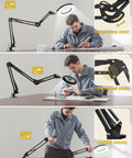 Ultra Long 3 Section Swing Arm Magnifier Lamp with Light and Clamp Real Glass Lens Dimmable LED, showcasing adjustable joints.