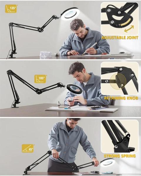 Ultra Long 3 Section Swing Arm Magnifier Lamp with Light and Clamp Real Glass Lens Dimmable LED, showcasing adjustable joints.