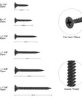 Size 6 Drywall Screws Set 150 Piece Phillips Wood Screws Assortment Carbon Steel Black Oxide Self Tapping Screws For Drywall Sheetrock Wood And Furniture DIYers Home Improvement Kit showing various sizes and close-up details of screws.