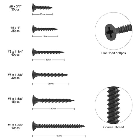 Size 6 Drywall Screws Set 150 Piece Phillips Wood Screws Assortment Carbon Steel Black Oxide Self Tapping Screws For Drywall Sheetrock Wood And Furniture DIYers Home Improvement Kit showing various sizes and close-up details of screws.