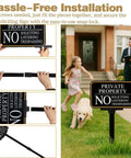 2 Pack No Trespassing And No Soliciting Keep Out Sign Set For Private Property With Stake 14x10 Inches Stands About 37 Inches Tall UV Printed Fade Resistant Aluminum For Home Driveway CCTV Security shown with easy snap-lock assembly in front yard setting.