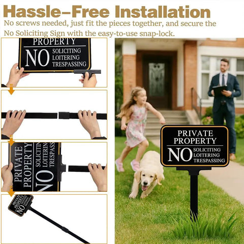 2 Pack No Trespassing And No Soliciting Keep Out Sign Set For Private Property With Stake 14x10 Inches Stands About 37 Inches Tall UV Printed Fade Resistant Aluminum For Home Driveway CCTV Security shown with easy snap-lock assembly in front yard setting.