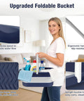 Woman holding a Portable Collapsible Mop Bucket With Handle For Car Washes And Laundry, All In One Space Saving Silicone Square Wash Bucket.