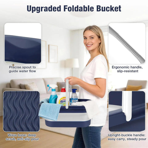 Woman holding a Portable Collapsible Mop Bucket With Handle For Car Washes And Laundry, All In One Space Saving Silicone Square Wash Bucket.