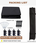 Packing list for Effortless Pop Up Gazebo Canopy With Mosquito Netting 10x10 Black includes stakes, ropes, weight bags, wheeled bag, and canopy top.