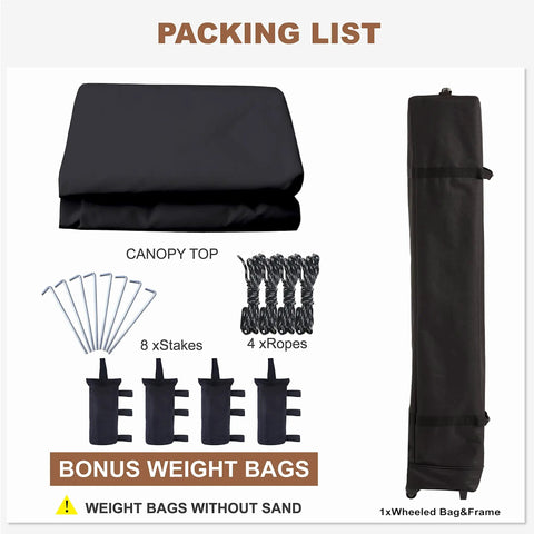 Packing list for Effortless Pop Up Gazebo Canopy With Mosquito Netting 10x10 Black includes stakes, ropes, weight bags, wheeled bag, and canopy top.