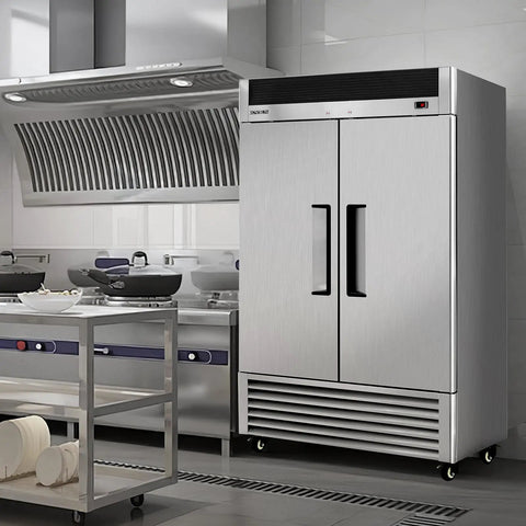 Heavy Duty 49 Cubic Foot Commercial Reach In Refrigerator Two Door Fridge Cooler in a restaurant kitchen with stainless steel finish.