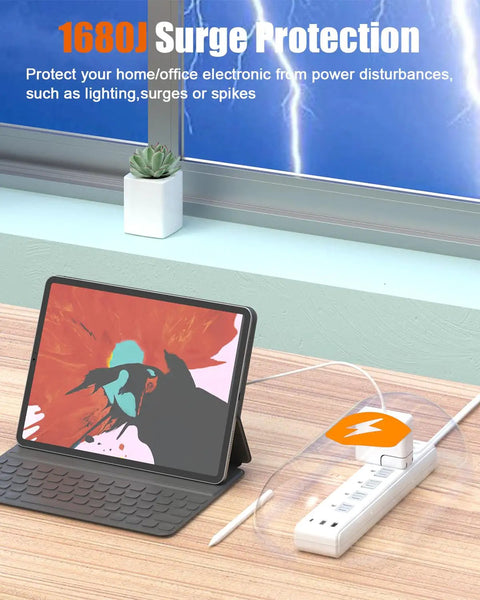 1680J surge protector with tablet connected, showcasing 2 prong to 3 prong outlet adapter with 5 outlets and 3 USB ports