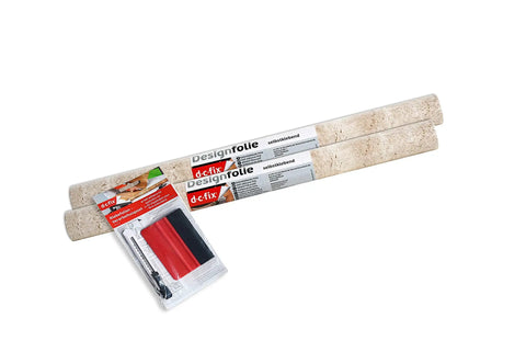 Beige Marble Self-Adhesive Film Roll 17x78 Inches, 2 Pack With Applicator, and packaging for Peel And Stick Decor.