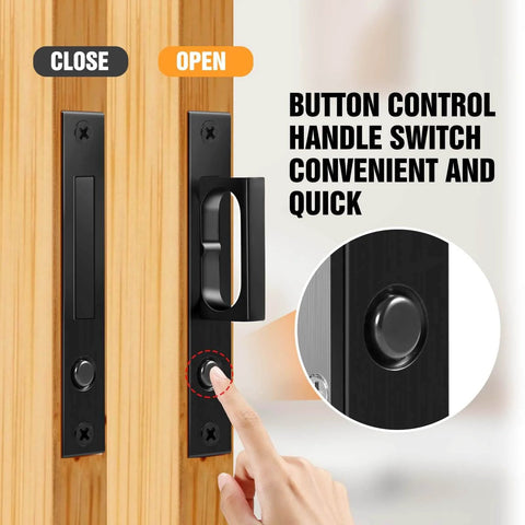 Pocket Door Hardware Set With Flush Recessed Pull Handles, Heavy Duty Sliding Edge Pull With Pop Out Ring on wood door
