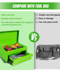10 Inch Mini Portable Steel Tool Box With Drawer In Green For Garage Or Workbench Lightweight Metal Tool Chest Rust Proof Steel With Green Powder Coat Perfect For Home Tools And Small Parts Organization next to gray tool bag comparison