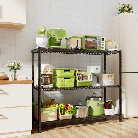 Heavy Duty 3 Tier Wire Shelving Unit With 1200 Lbs Capacity, 48 Inch Long By 20 Inch Wide By 47 Inch High Industrial Storage Rack For Garage, Kitchen, Laundry, Basement, Rust Resistant, Adjustable Shelves in kitchen with appliances