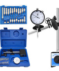 Dial indicator with magnetic base and long arm; blue precision inspection kit with accessories.