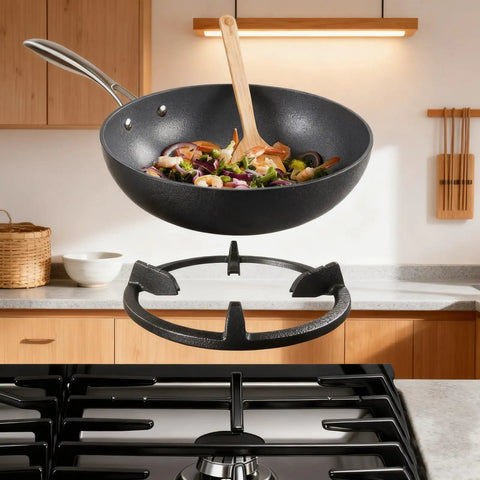 Cast Iron Wok Ring Support For Gas Stoves Non Slip Replacement Grate in kitchen with round-bottom wok cooking stir fry
