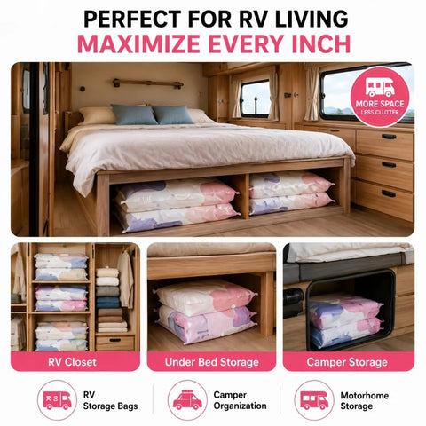 Two Large and Two Jumbo No-Pump Compression Bags for Clothes and Blankets, Vacuum-Free Storage Solution for closet and RV organization.