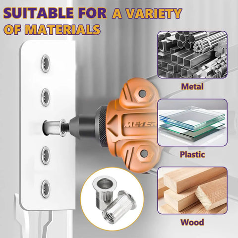Heavy Duty 30 Piece M8 304 Stainless Steel Rivet Nut Set with Flat Head Inserts installed for metal, plastic, and wood materials.