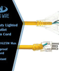 Heavy-duty lighted triple outlet extension cord with 13 Amp capacity, visible clear plug showing wiring detail.