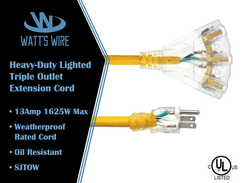Heavy-duty lighted triple outlet extension cord with 13 Amp capacity, visible clear plug showing wiring detail.