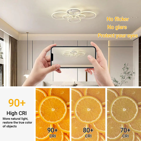 Modern 6 Ring LED Ceiling Light Fixture 29.5 Inch 72W 6000LM 3000K To 6500K Dimmable With Remote Flush Mount Ceiling Light For Bedroom, Kitchen, Living Room, Dining Room White