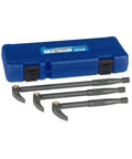 Heavy Duty Three Piece Adjustable Indexing Pry Bar Set Rock Solid 180 Degree Rotating Jaw in blue case with three pry bars.