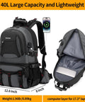40L Hiking Backpack For Men And Women, Waterproof Outdoor Daypack For Camping And Travel, Lightweight Multicompartment Pack, open view