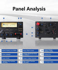 Front and rear view of Compact 50 Amp Bench Power Supply Regulated AC to DC Converter for Home Lab with labeled features.