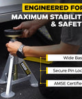 3 Ton performance jack stands, pair; side view with wide base and secure pin lock, AMSE certified