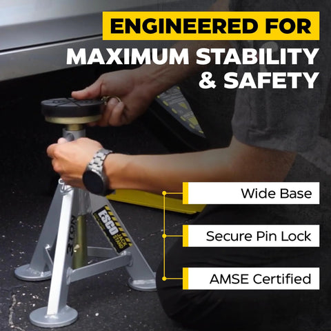 3 Ton performance jack stands, pair; side view with wide base and secure pin lock, AMSE certified