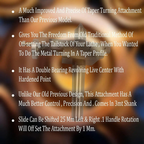 Pro Grade Improved Taper Turning Attachment With Revolving Live Center For Lathe Machines 3MT Morse Taper Precision Tooling, shown with text background.