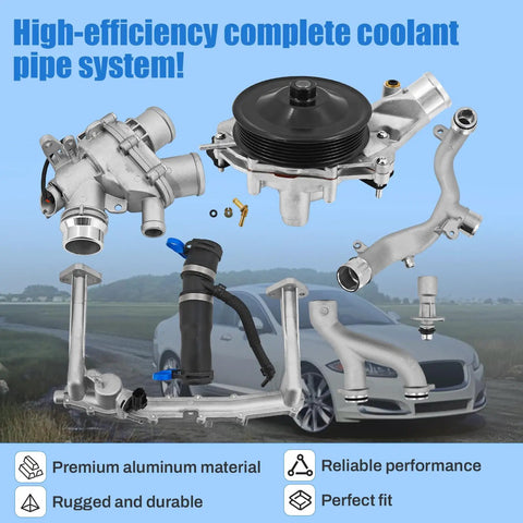 Heavy Duty Billet Aluminum Coolant Pipe Kit Upgrade For Jaguar F Type F Pace components arranged, showcasing premium aluminum for reliable cooling.