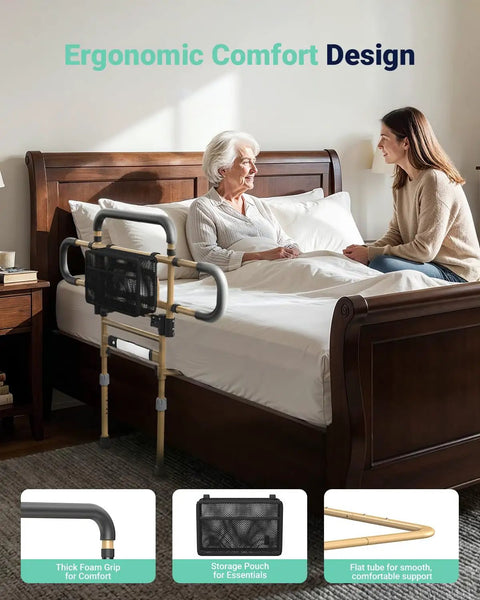 Must-Have 180-Degree Foldable Bed Rail For Seniors in use, showing ergonomic design and adjustable height features.