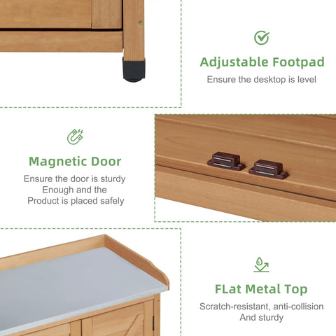 All In One Outdoor Potting Bench With Storage Cabinet And Metal Work Surface showcasing adjustable footpad, magnetic door, and flat metal top features