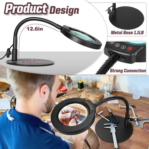 10X Magnifying Lamp With Light And Stand, 12.6 Inch Gooseneck Desk Magnifier in use for detailed crafting work on a desk